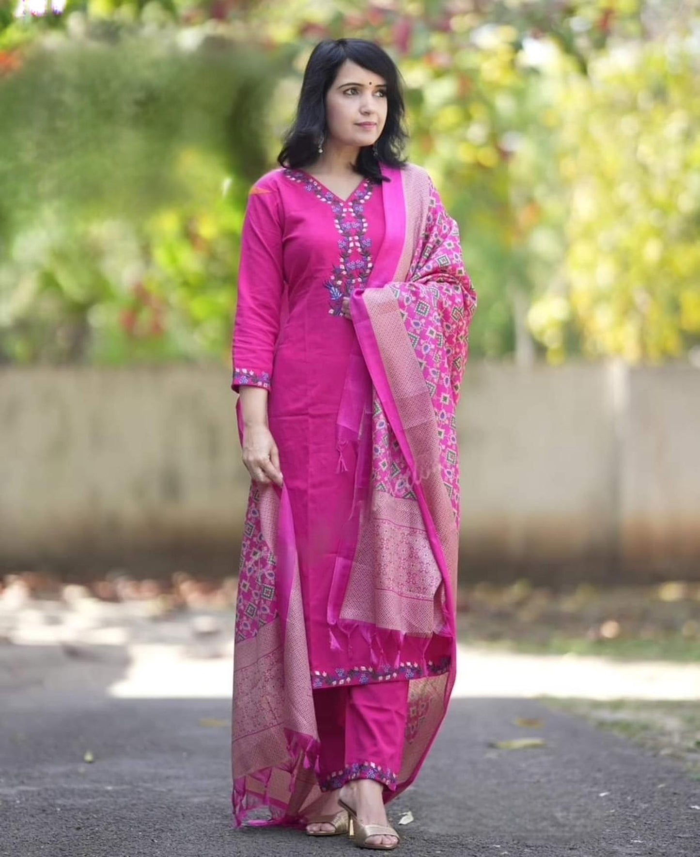Elegant Handloom Cotton Embroidered Suit Set with Banarasi Khadi Silk Dupatta