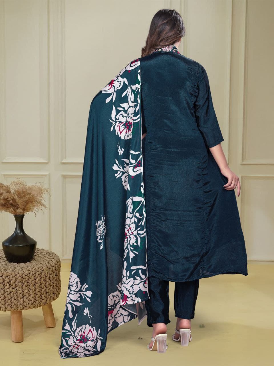 Dark Blue Heavy Chinon Embroidered Kurti Set with Dupatta