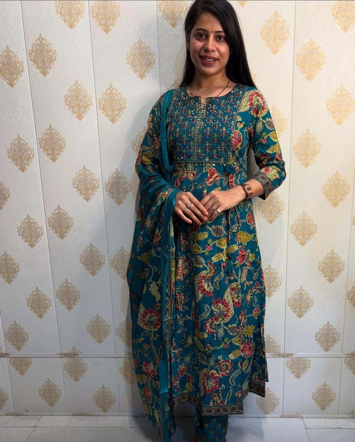 Elegant Cotton Anarkali Kurta Set with Embroidered Work – Blue