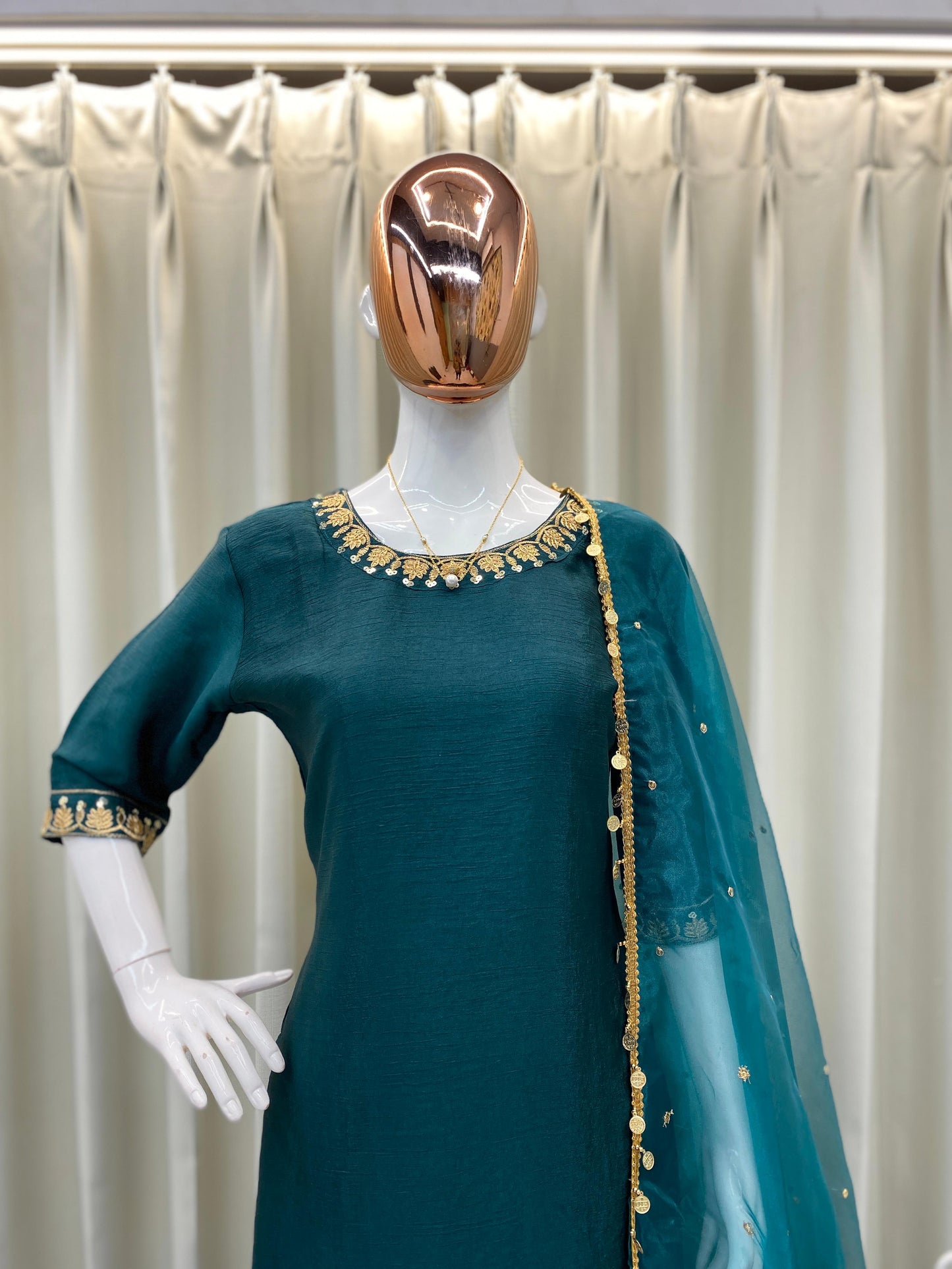 Designer Farsi Suit Set with Sequence Embroidery & Organza Dupatta