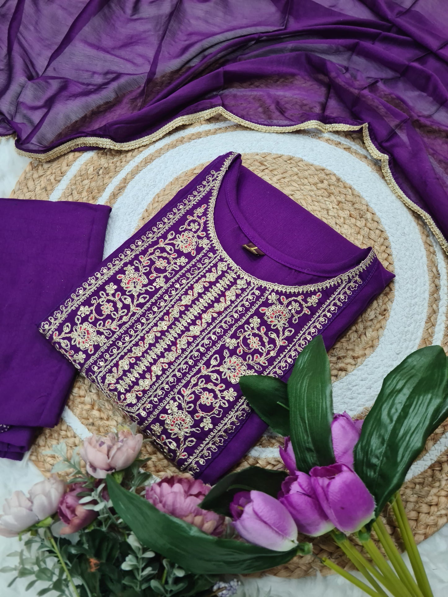 Rayon Slub Embroidered Kurti Set with Chinon Dupatta