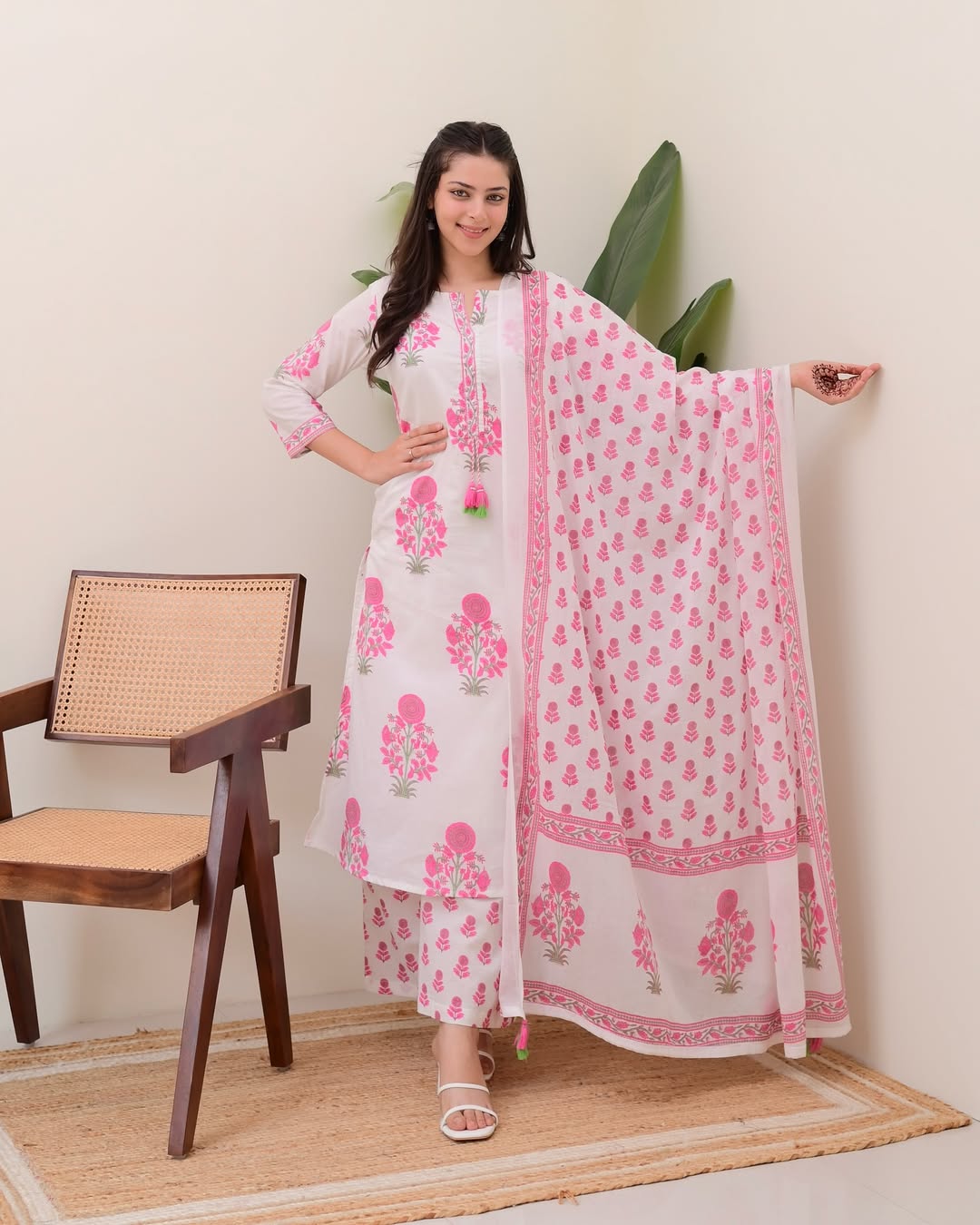 Floral Cotton Kurti Set with Palazzo & Dupatta