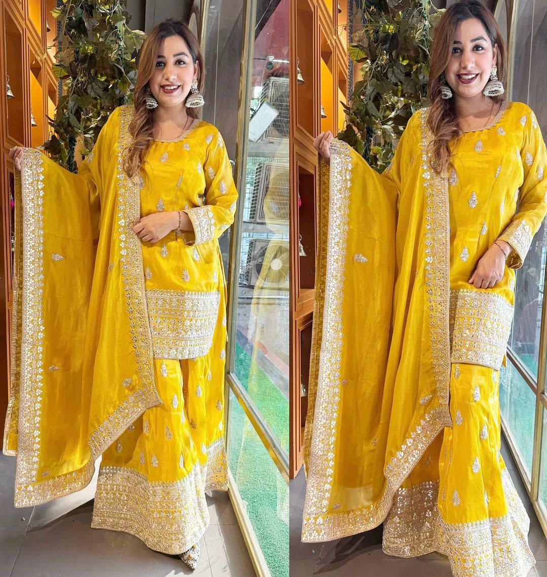 Designer Chinon Silk Kurti Plazo Dupatta Set