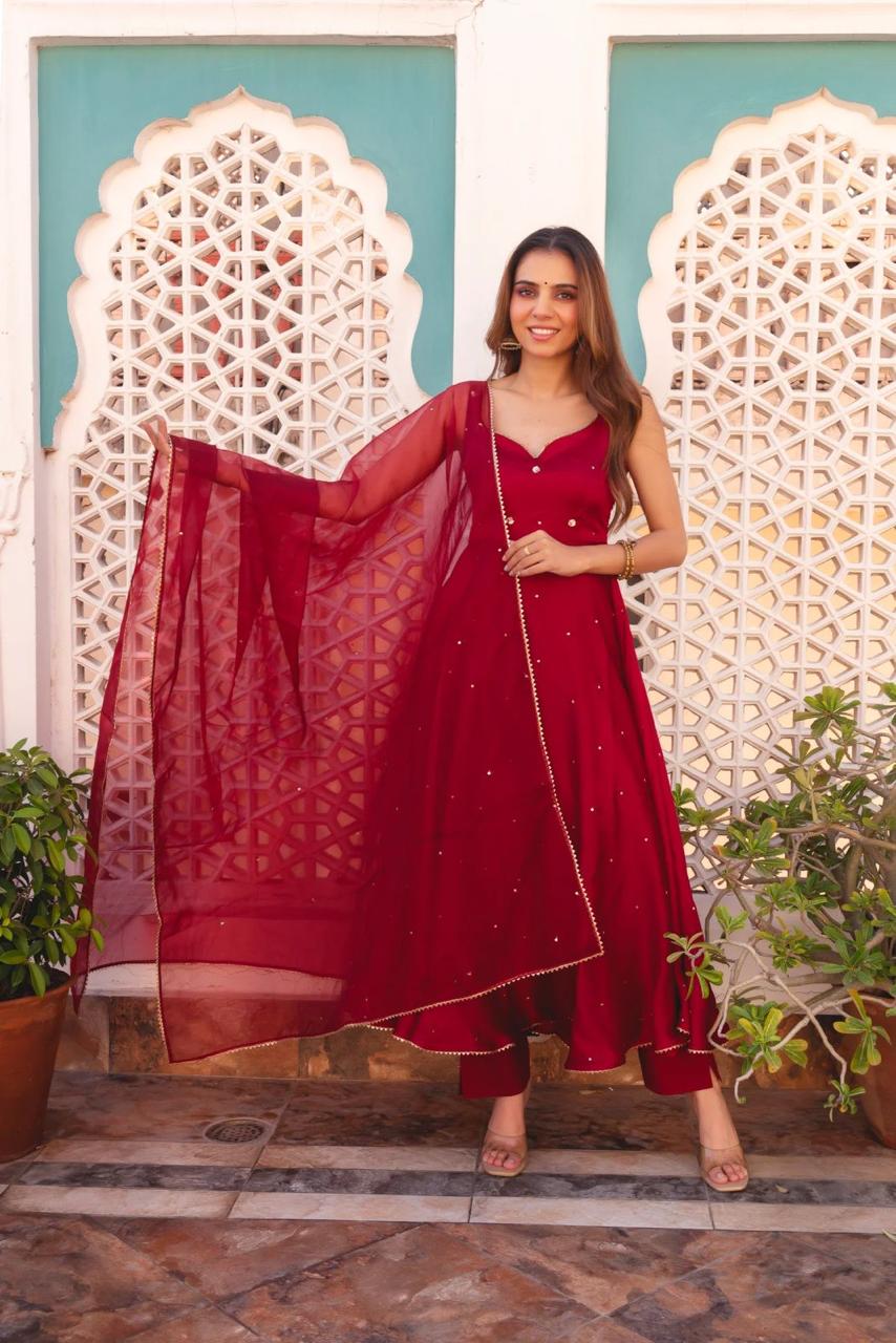 Embroidered Georgette Anarkali Gown with Dupatta – Maroon