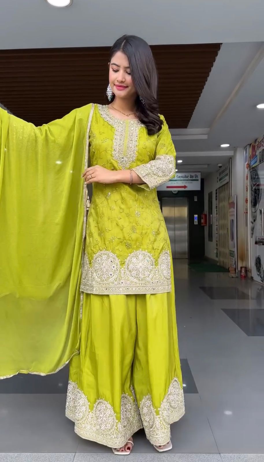 Designer Heavy Chinon Silk Embroidered Kurti Plazzo Dupatta Set