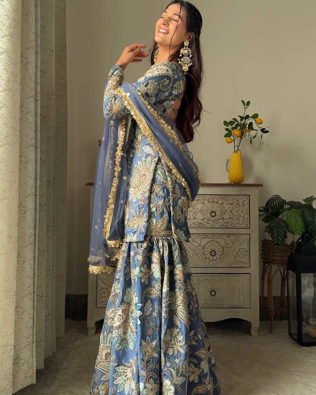 Designer Chinon Sharara Suit Set with Embroidery Work
