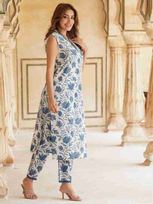 Floral Cotton Kurti Pant Set for Women