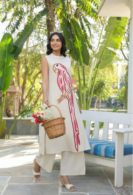 Designer Parrot Embroidery Cotton Flex Anarkali Co-ord Set for Women