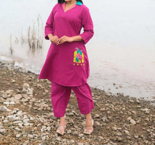 Parrot Aari Embroidery Cotton Slub Co-ord Set for Women