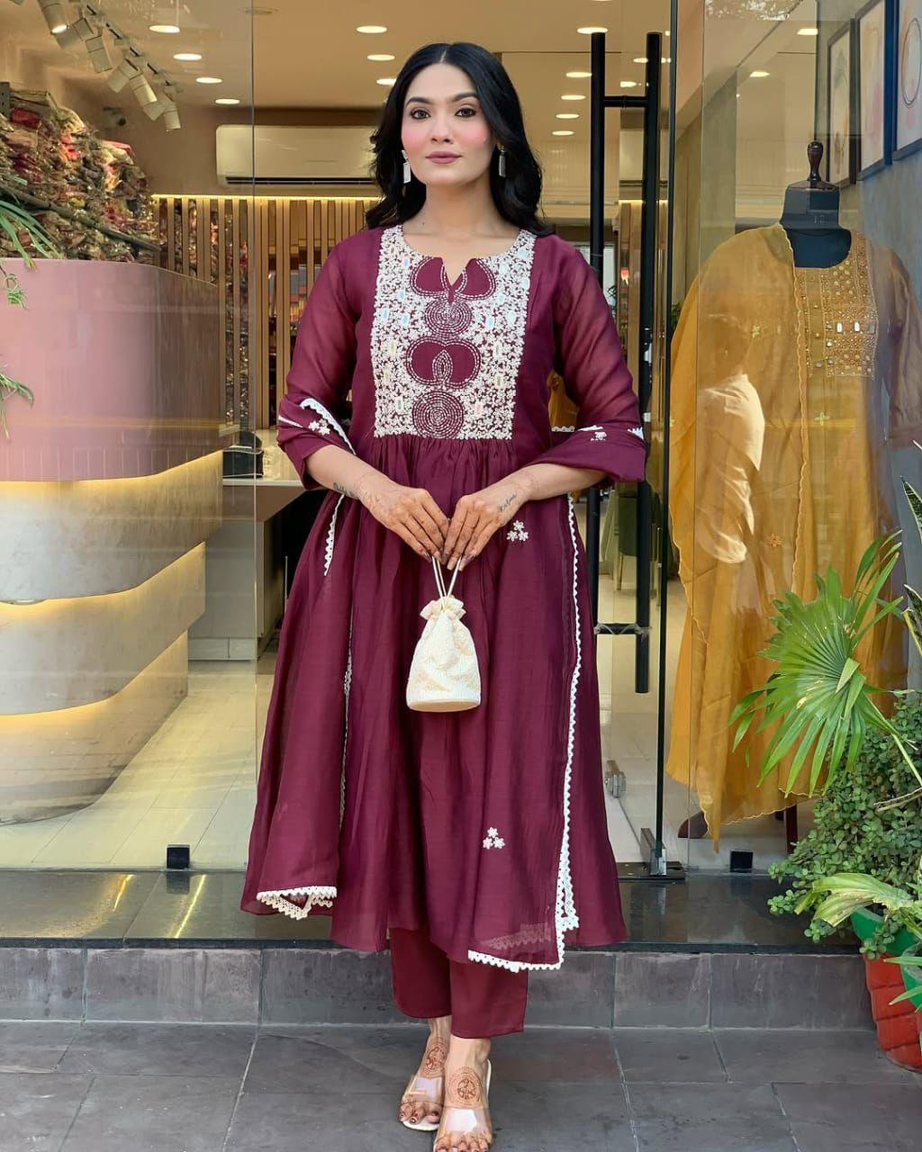 Elegant Maroon Cotton Anarkali Kurta Set with Embroidered Yoke