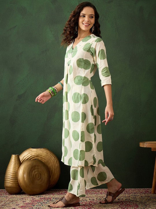 Polka Dot Cotton Kurta Pant Set with Embroidery
