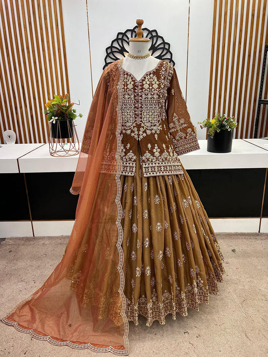 Designer Brown Embroidered Top & Lehenga Set for Women