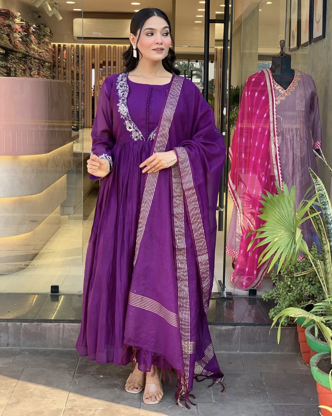 Elegant Purple Viscose Chinon Embroidered Suit Set with Chanderi Dupatta