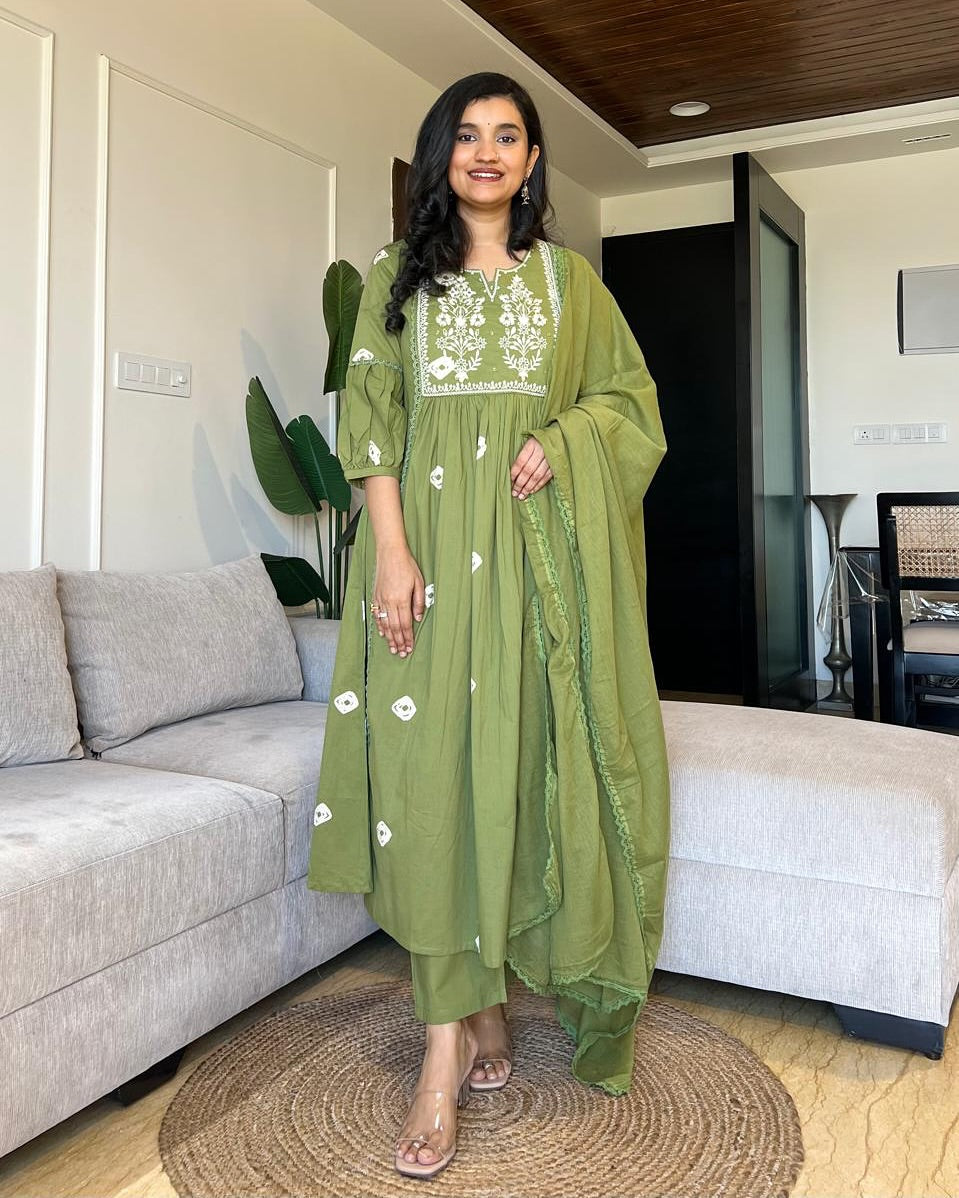 Premium Cotton Flared Kurta Set with Embroidered Threadwork & Dupatta