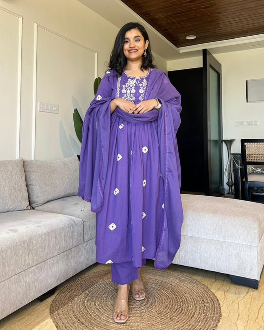 Premium Cotton Flared Kurta Set with Embroidered Threadwork & Dupatta