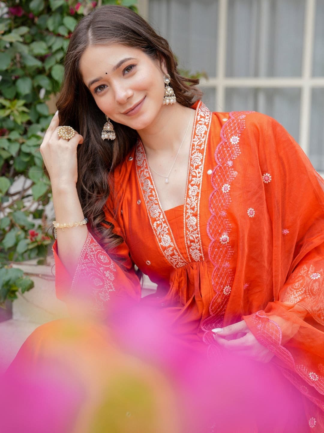 Women's PV Chanderi Embroidered Suit Set with Dupatta – Orange