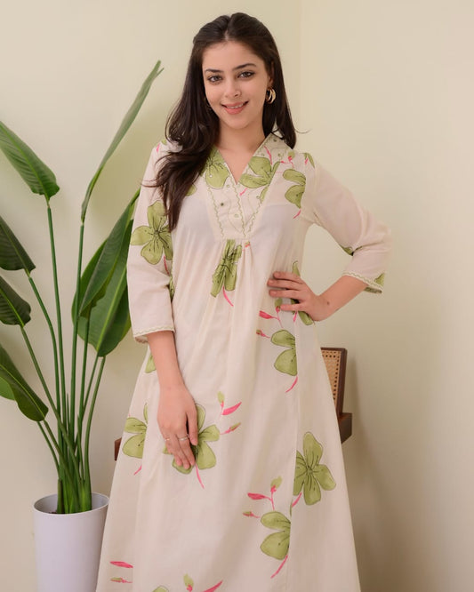 Embroidered Rayon Kurti Pant Set for Women – Off White Floral Print
