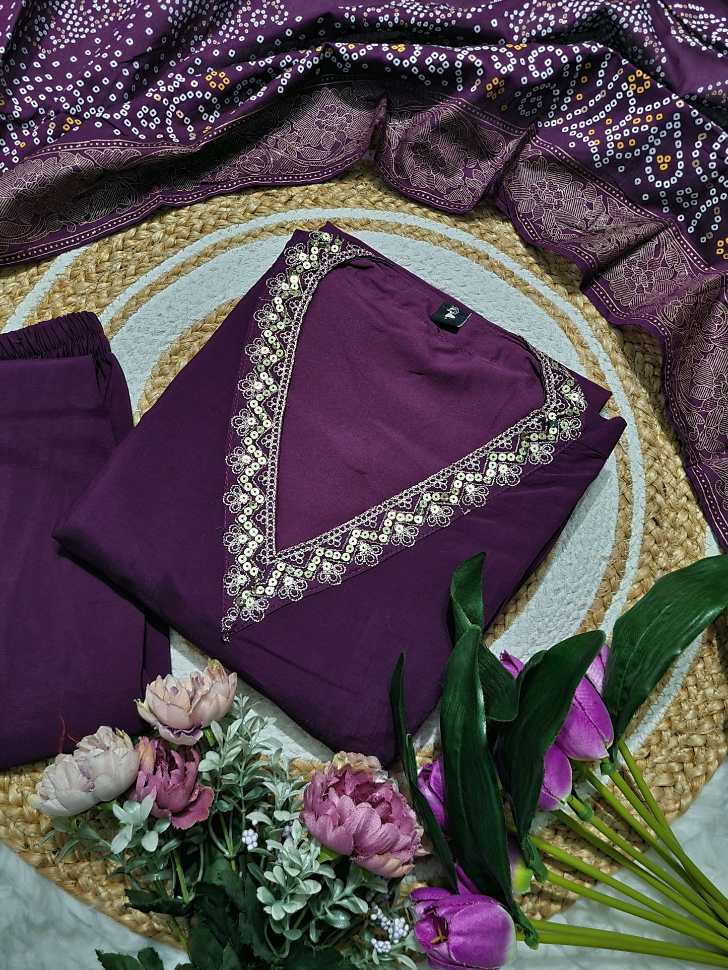 Viscose Chanderi Embroidered Suit Set – Purple