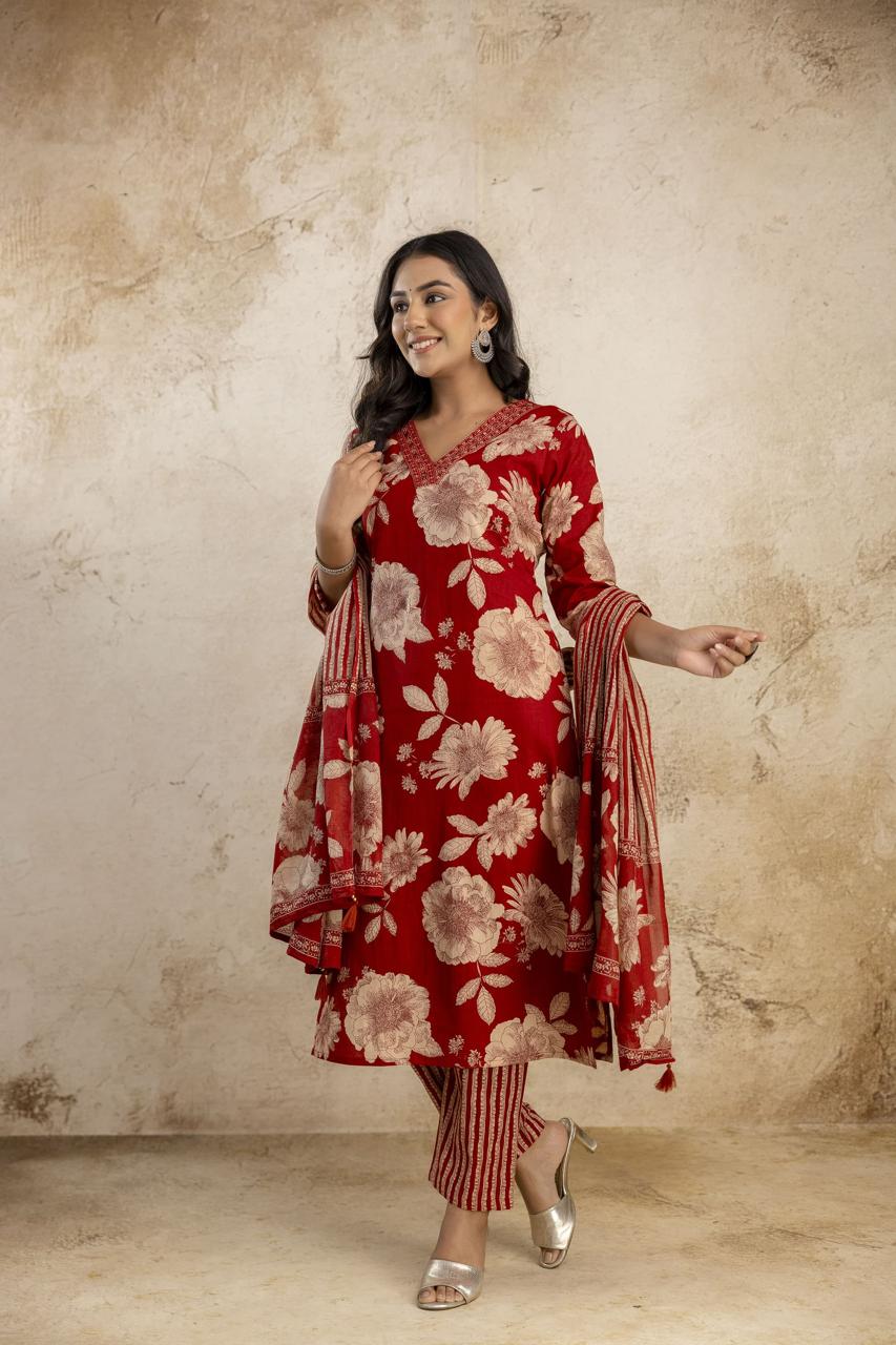 Floral Cotton Embroidered Kurta Set with Pant & Dupatta