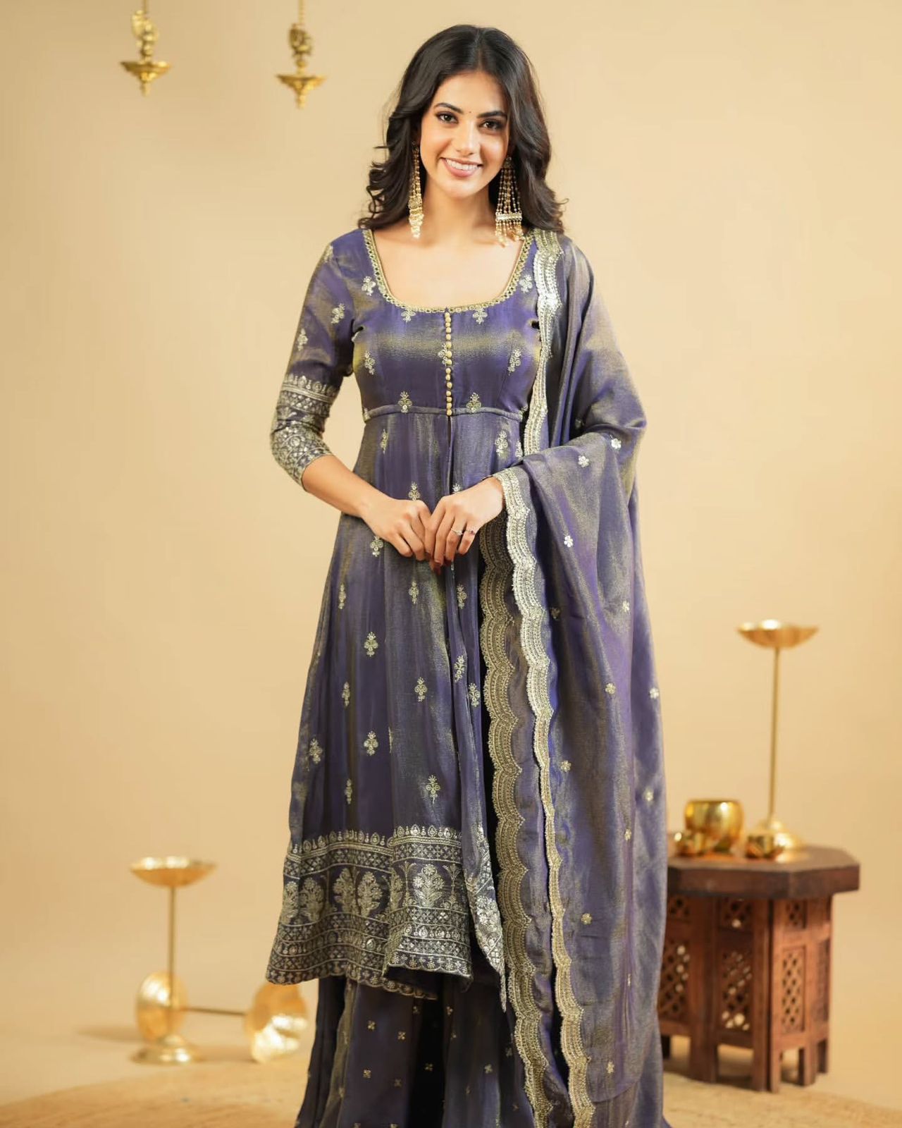 Designer Blue Shimmer Silk Suit with Lehenga & Dupatta – Embroidered Party Wear
