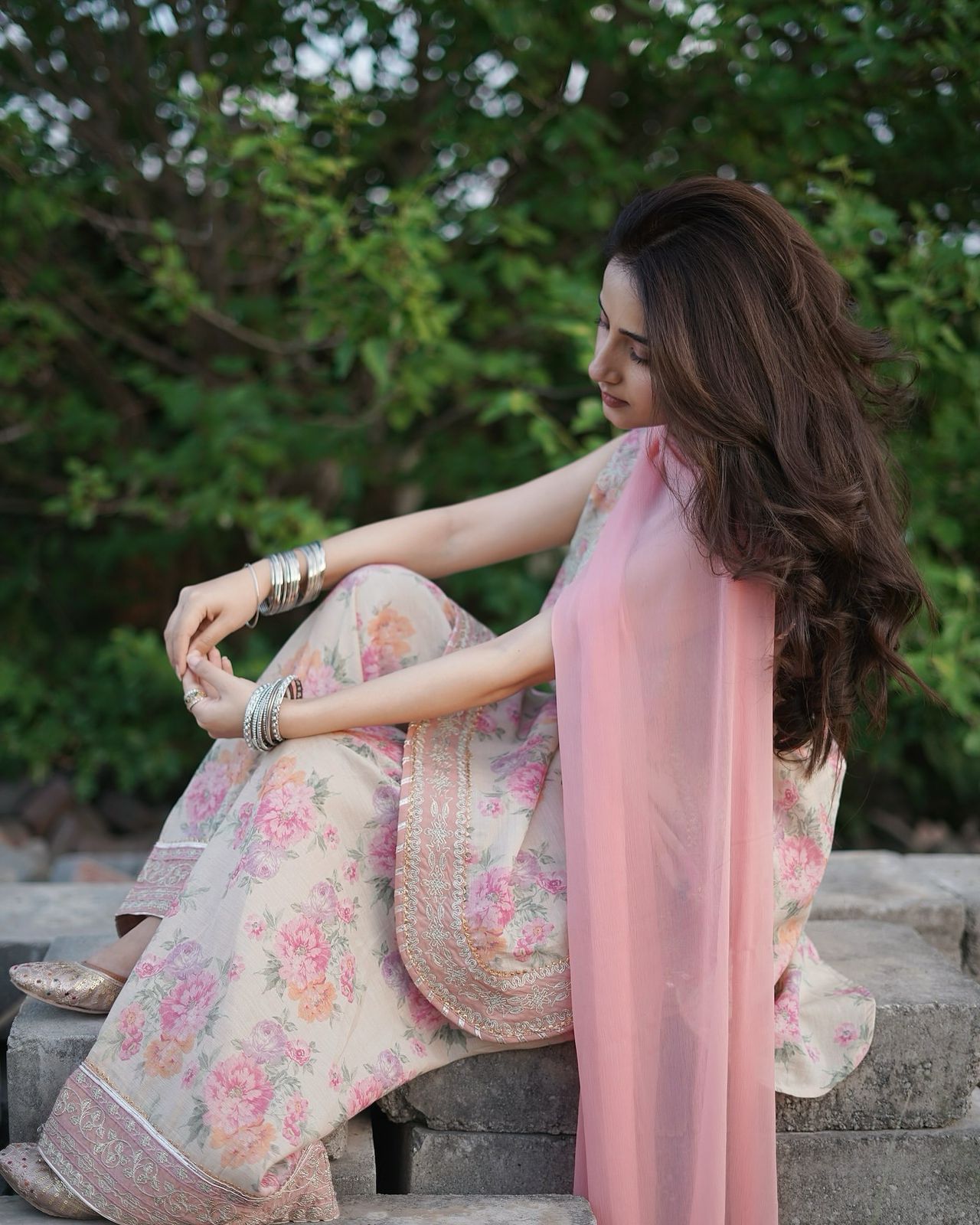 Pink Floral Georgette Party Suit Set with Farshi Palazzo & Dupatta