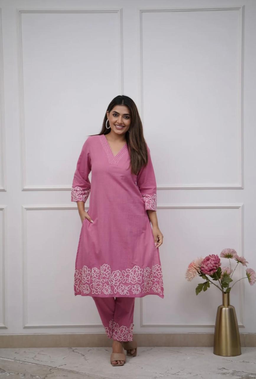 Elegant Cotton Embroidered Kurti Pant Set for Women