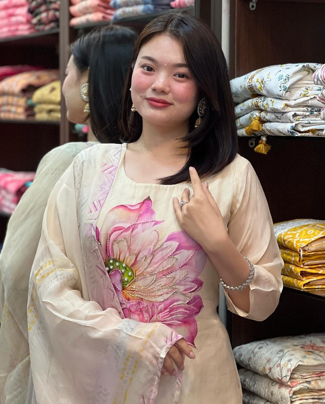 Elegant Cream Muslin Silk Kurti Set with Hand & Moti Work