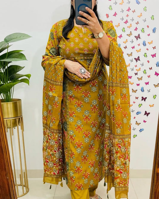 Heavy Cotton Kurti Pant Dupatta Set with Sequin Work