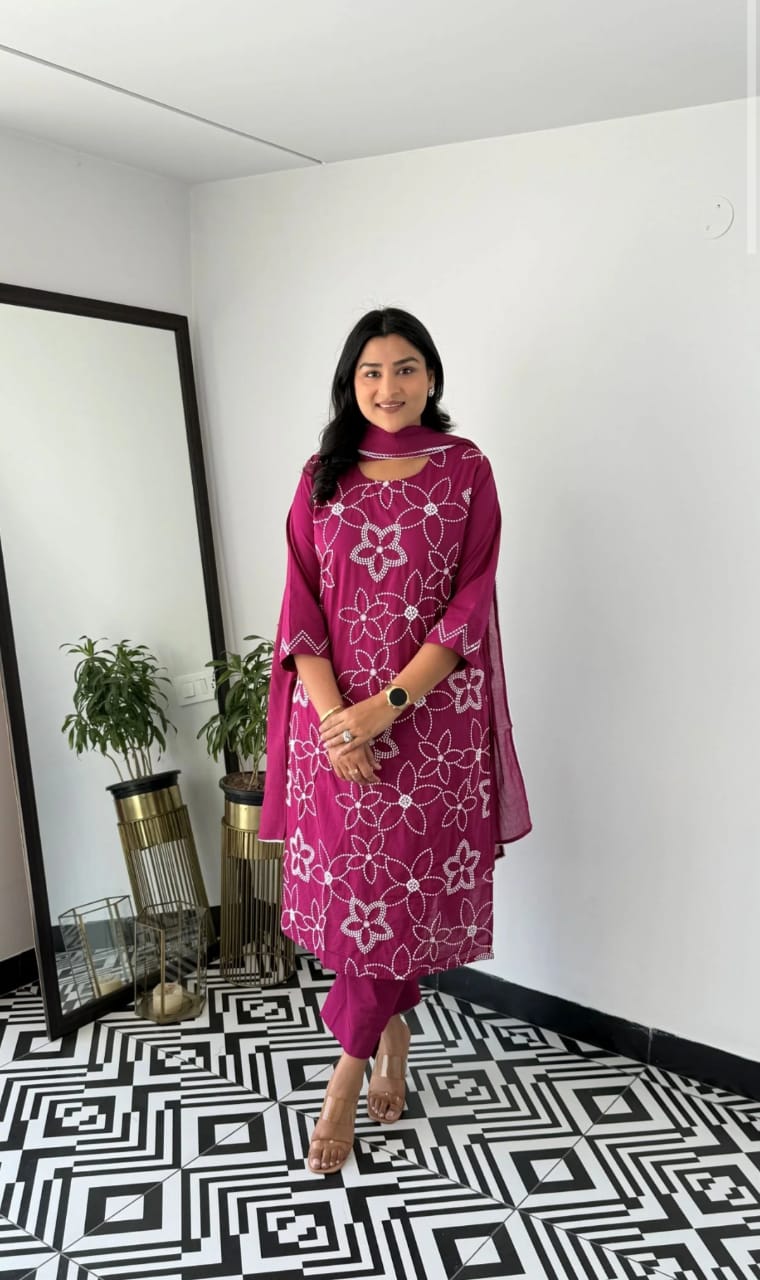 Cotton Embroidered Kurti Pant Dupatta Set – Blue & Purple