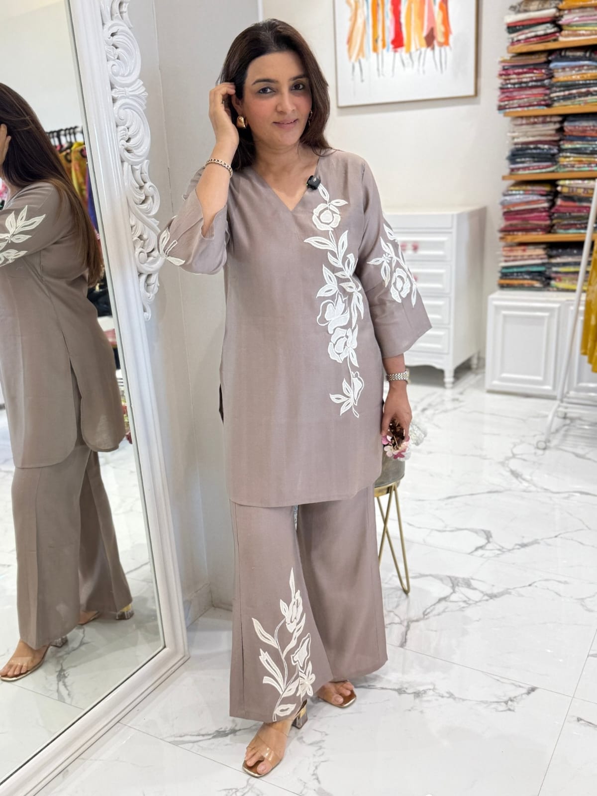 Premium Grey Cotton Slub Embroidered Co-ord Set for Women