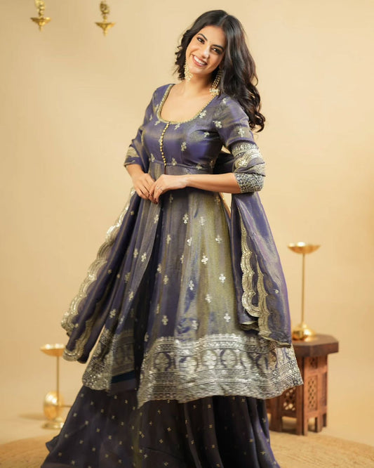 Designer Blue Shimmer Silk Suit with Lehenga & Dupatta – Embroidered Party Wear