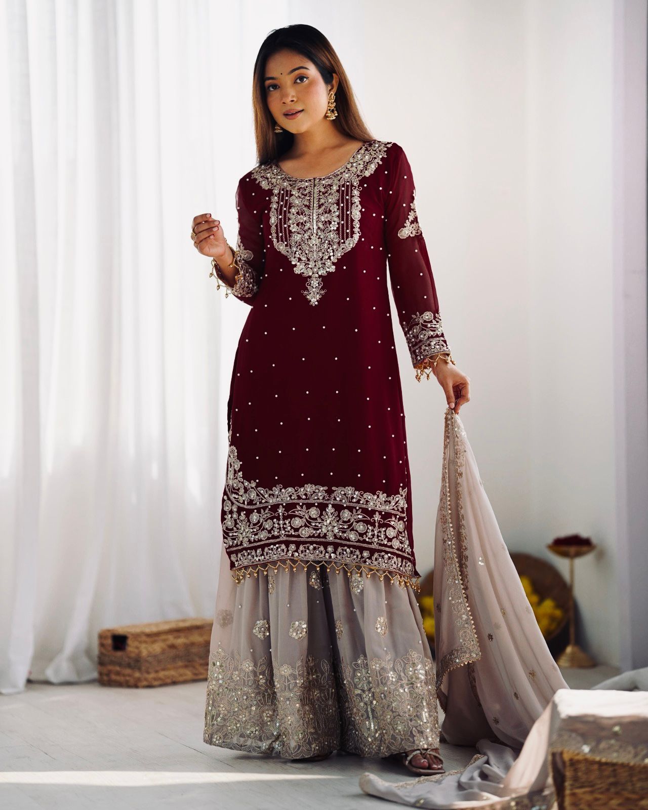 Designer Maroon Georgette Embroidered Suit Set with Dupatta