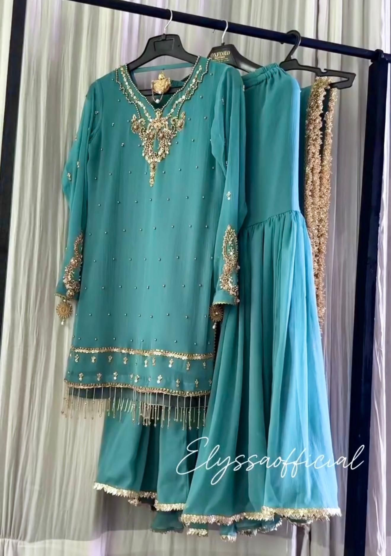 Premium Sky Blue Faux Georgette Embroidered Plazzo Set