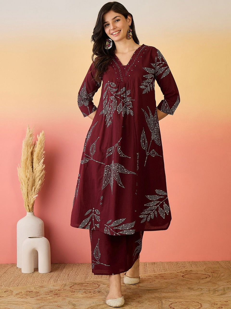 Pure Cotton Kurta Set with Moti Handwork & Discharge Print