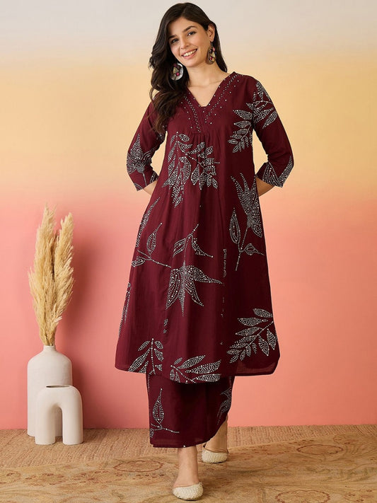 Pure Cotton Kurta Set with Moti Handwork & Discharge Print