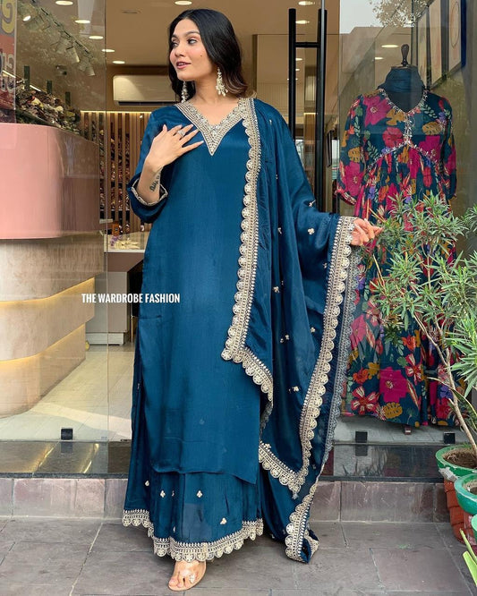 Blue Roman Satin Festive Suit Set with Dupatta-3 Piece