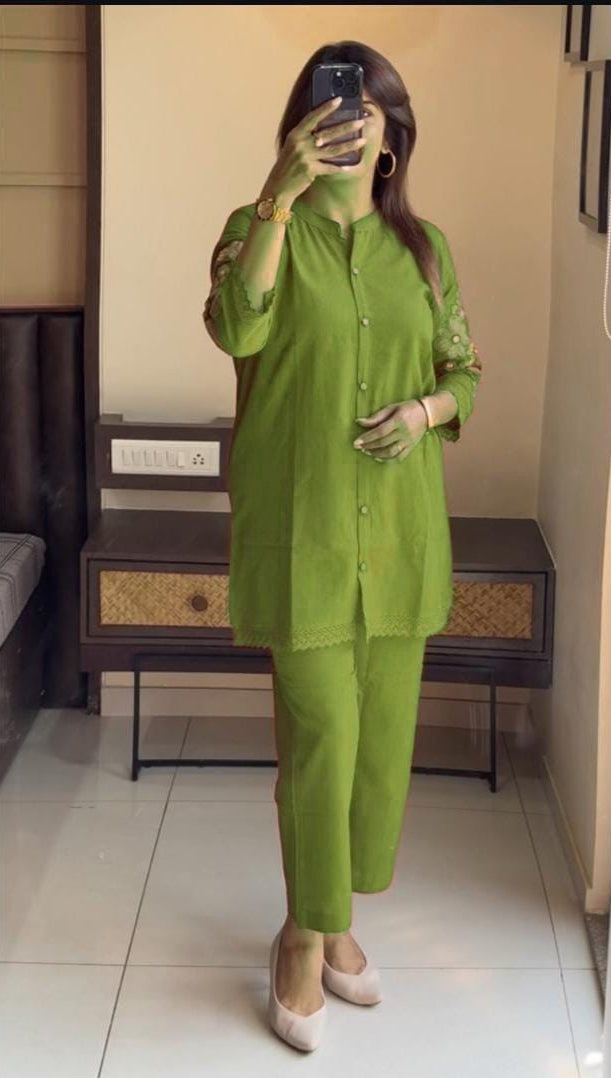 Women's Designer Cotton Co-Ord Set with Embroidery & Crochet Lace