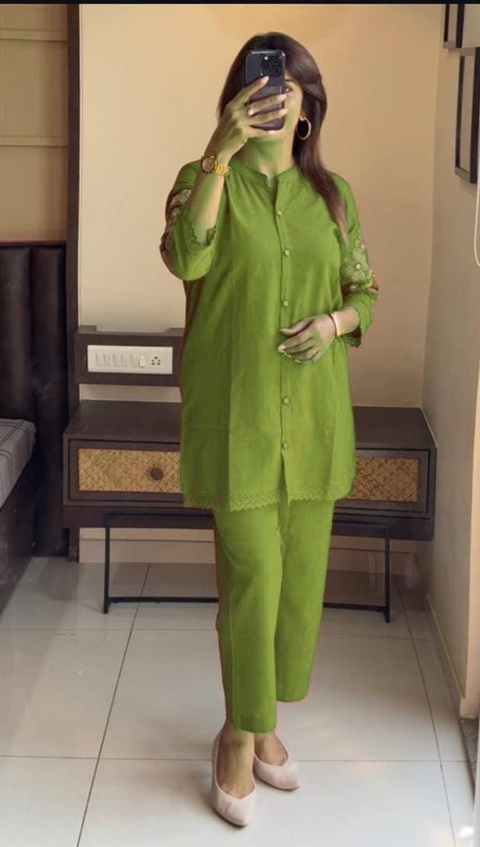 Women's Designer Cotton Co-Ord Set with Embroidery & Crochet Lace