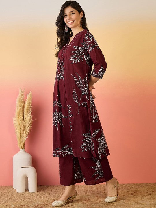 Pure Cotton Kurta Set with Moti Handwork & Discharge Print