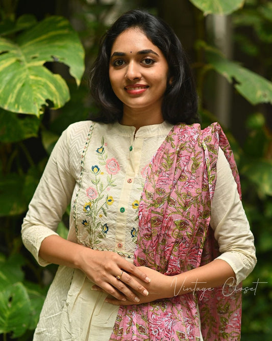 Cotton Embroidered Kurta Pant Set with Kota Doria Dupatta